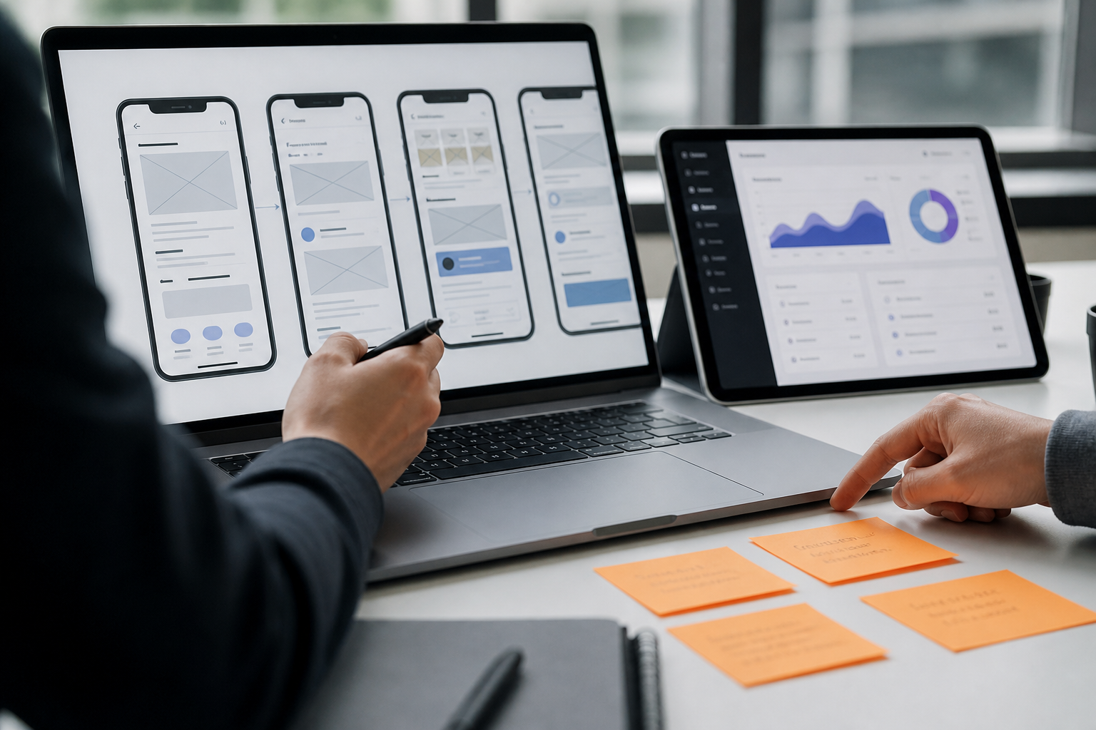 Product review desk with app wireframes and dashboards